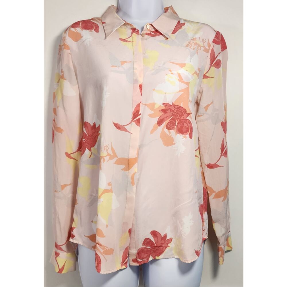 Pure Collection 100% Silk Floral Blouse Pink Button Front Size US 6